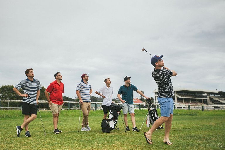 Boys playing golf on wedding day