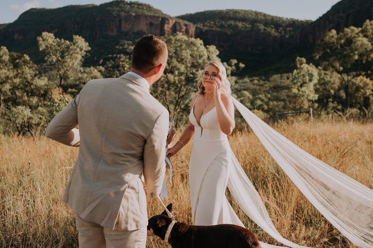 Bride and groom see each other for the first time at elopement wedding