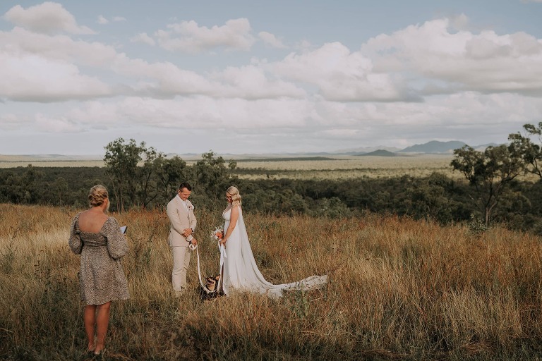 Wide scene photo of wedding elopement ceremony at Mount Mulligan Lodge